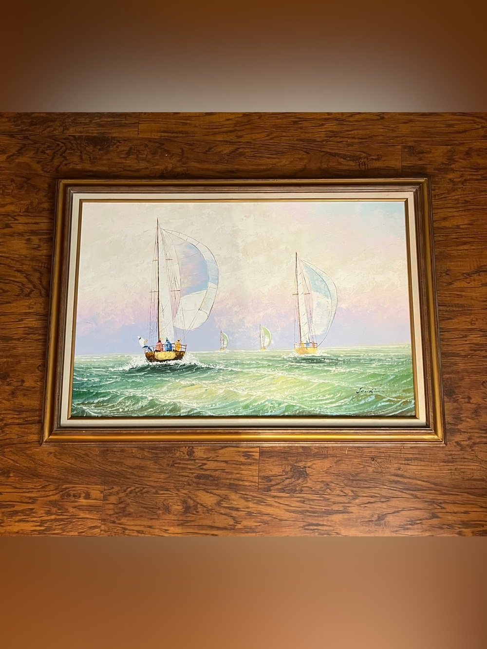 Vtg Maritime Oil Painting of Sailboats on a Choppy Green Sea